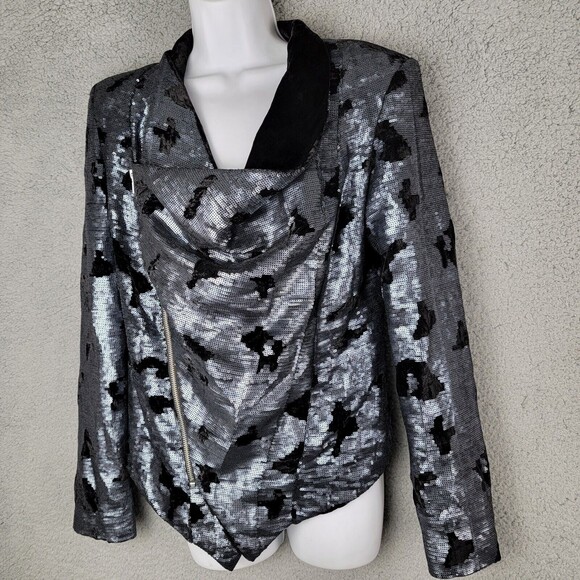 Bebe Kardashian Jacket Blazer M Asymmetric Zipper Sequin Swiftie Moto Mob Wife - Picture 14 of 16